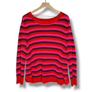 Lane Bryant Plus Size 18/20 Ribbed Stripe Sweater Red Pink Curved Hem Crewneck
